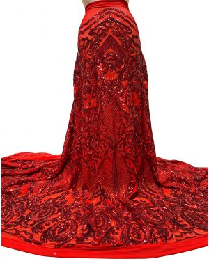 Red Stretch Sequin Lace Fabric on Red Stretch Mesh 