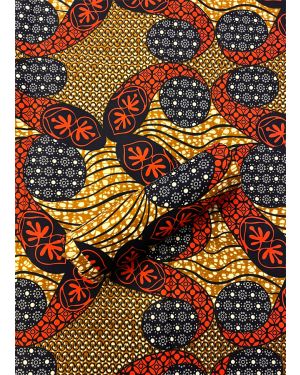 Exclusive Design African Wax Print- Floral Cotton-Blend/ Red-Orange, Black, Light-Gold, Dark-Blue, Cream