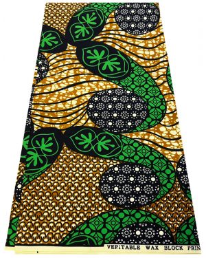 African Wax Print - Apple-Green, Light-Gold, Dark-Blue, Off-White, Black