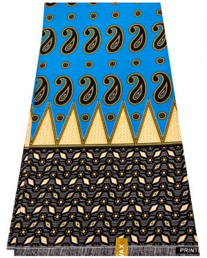 Exclusive Design African Wax Print- Paisley Design- Olympic-Blue, Tangerine-orange, White, Dark-Brown, Light-Gold