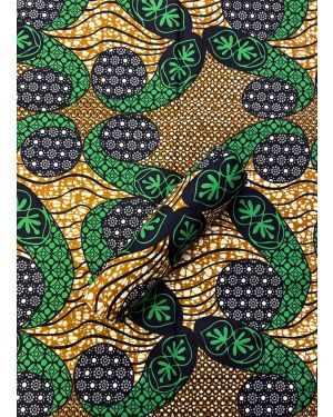 African Wax Print - Apple-Green, Light-Gold, Dark-Blue, Off-White, Black
