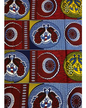 Peacock- Hitarget African Wax Print- Dark-Red, Yellow, Dark-Blue, White