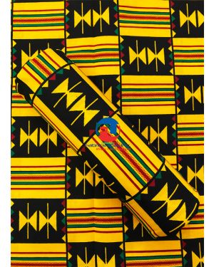 African Kente Fabric Print, Black, Yellow-gold, Green, Red