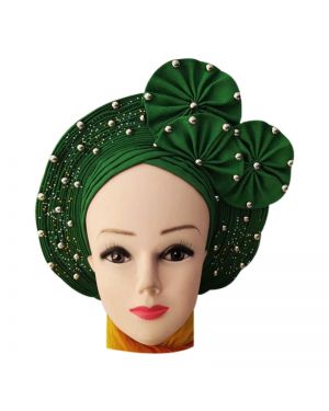 Auto Gele Nigeria Headtie African  Head Wraps Gele with Shoulder  Shawl/ Strap with Stones - For all Occasions-Green