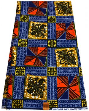 Traditional Design African wax Prints Fabrics- Navy-Blue, Orange, Yellow, Black, White, Golden-Brown