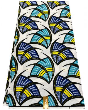High Fashion Design Poly Blend African Wax Print- White, Yellow, Blue, Turquoise, Black, 