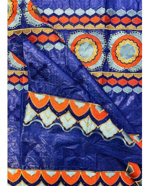 African Bazin Lace Fabric- Azure Blue, Orange, Aqua-Blue, Gold