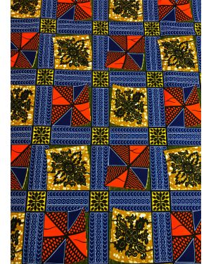Traditional Design African wax Prints Fabrics- Navy-Blue, Orange, Yellow, Black, White, Golden-Brown