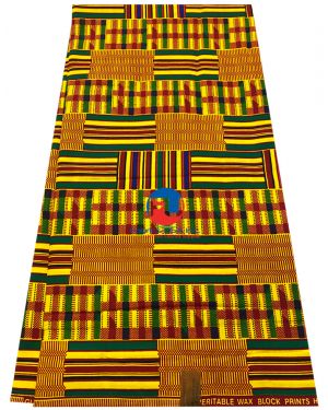 African Kente Fabric Print, Yellow-Gold, Red, Green