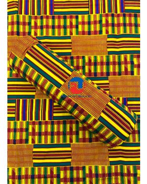 African Kente Fabric Print, Yellow-Gold, Red, Green