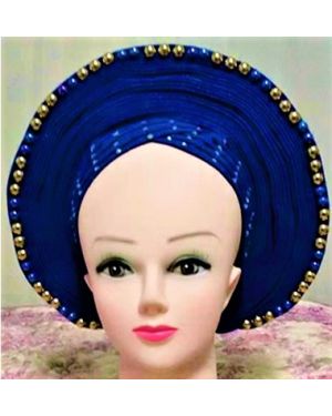 BLUE with Gold Beads- Auto Gele Nigeria Headtie African  Head Wraps Gele with Shoulder  Shawl/ Strap with Stones - For all Occasions-