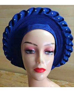 BLUE - Auto Gele Nigeria Headtie African  Head Wraps Gele with Shoulder  Shawl/ Strap with Stones - For all Occasions-
