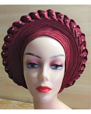BURGUNDY- Auto Gele Nigeria Headtie African  Head Wraps Gele with Shoulder  Shawl/ Strap with Stones - For all Occasions-