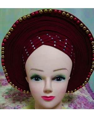BURGUNDY with Gold Beads- Auto Gele Nigeria Headtie African  Head Wraps Gele with Shoulder  Shawl/ Strap with Stones - For all Occasions-