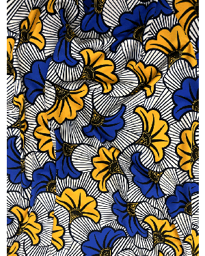 Beautiful Design African Print in Spandex Fabric- White, Yellow, Royal Blue, Black
