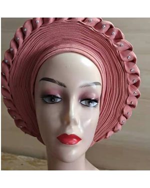 CORAL - Auto Gele Nigeria Headtie African  Head Wraps Gele with Shoulder  Shawl/ Strap with Stones - For all Occasions-