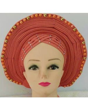 CORAL with Coral /Gold Beads- Auto Gele Nigeria Headtie African  Head Wraps Gele with Shoulder  Shawl/ Strap with Stones - For all Occasions-