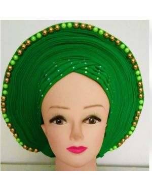 GREEN with Gold/Green Beads- Auto Gele Nigeria Headtie African  Head Wraps Gele with Shoulder  Shawl/ Strap with Stones - For all Occasions-