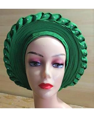 GREEN - Auto Gele Nigeria Headtie African  Head Wraps Gele with Shoulder  Shawl/ Strap with Stones - For all Occasions-