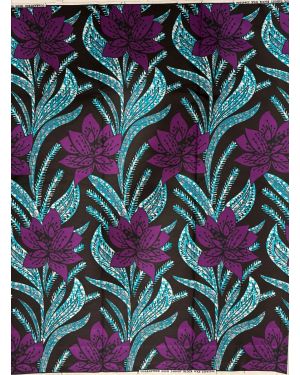 Cotton Blend African Wax Print - Floral- Purple , Dark-Brown, Black, White, Tiffany Blue