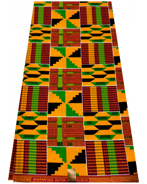 African Kente Fabric Print- Golden-Yellow, Red, Green, Black, White