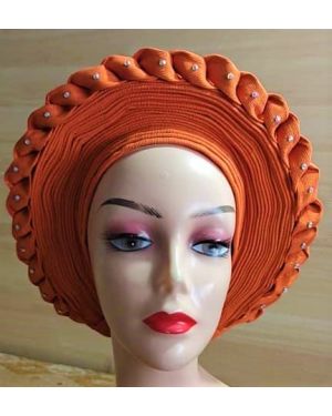 ORANGE- Auto Gele Nigeria Headtie African  Head Wraps Gele with Shoulder  Shawl/ Strap with Stones - For all Occasions-