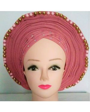 BLUSH with Gold/Pink Beads- Auto Gele Nigeria Headtie African  Head Wraps Gele with Shoulder  Shawl/ Strap with Stones - For all Occasions-