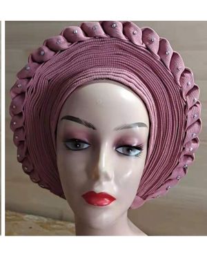 PINK - Auto Gele Nigeria Headtie African  Head Wraps Gele with Shoulder  Shawl/ Strap with Stones - For all Occasions-