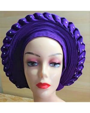 PURPLE - Auto Gele Nigeria Headtie African  Head Wraps Gele with Shoulder  Shawl/ Strap with Stones - For all Occasions-