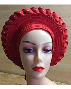 RED - Auto Gele Nigeria Headtie African  Head Wraps Gele with Shoulder  Shawl/ Strap with Stones - For all Occasions-