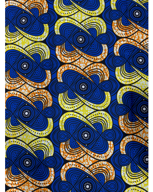 Cotton Blend African Wax Print - Royal-Blue, Orange, White , Yellow, Black Dark-Blue