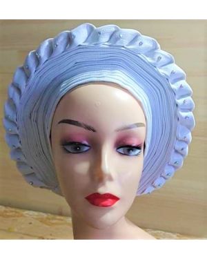 WHITE - Auto Gele Nigeria Headtie African  Head Wraps Gele with Shoulder  Shawl/ Strap with Stones - For all Occasions-