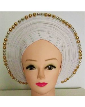 WHITE with Gold/Silver Beads- Auto Gele Nigeria Headtie African  Head Wraps Gele with Shoulder  Shawl/ Strap with Stones - For all Occasions-