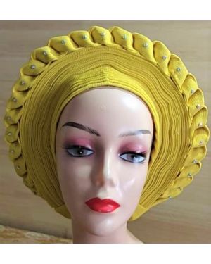 YELLOW- Auto Gele Nigeria Headtie African  Head Wraps Gele with Shoulder  Shawl/ Strap with Stones - For all Occasions-
