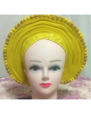 YELLOW-GOLD with Gold/Yellow Beads- Auto Gele Nigeria Headtie African  Head Wraps Gele with Shoulder  Shawl/ Strap with Stones - For all Occasions-